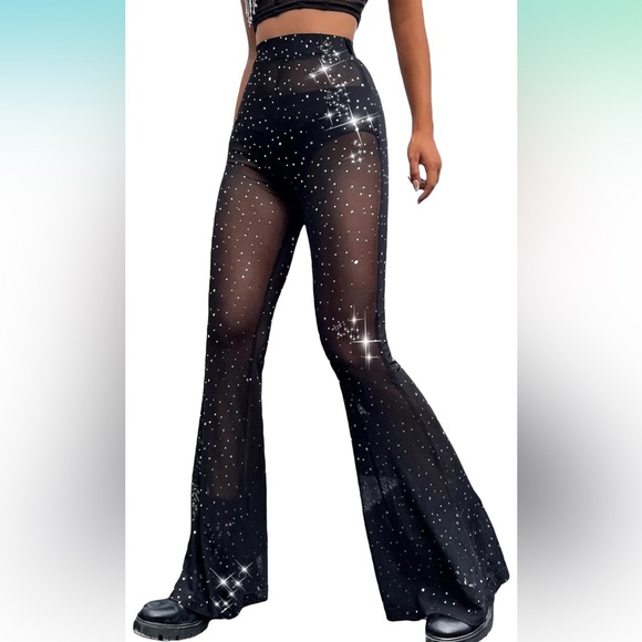 Black Mesh Glitter Bell Bottom Pants - Picture 1 of 7